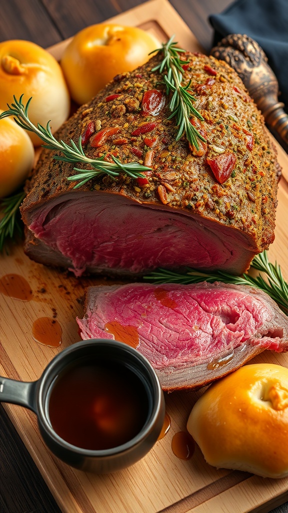 A succulent herb-crusted prime rib roast with sliced portions, garnished with rosemary and thyme, on a wooden board.